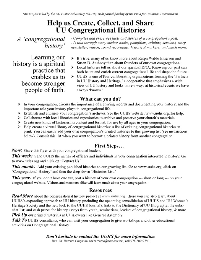 Flyer to recruit UU Congregational Histories